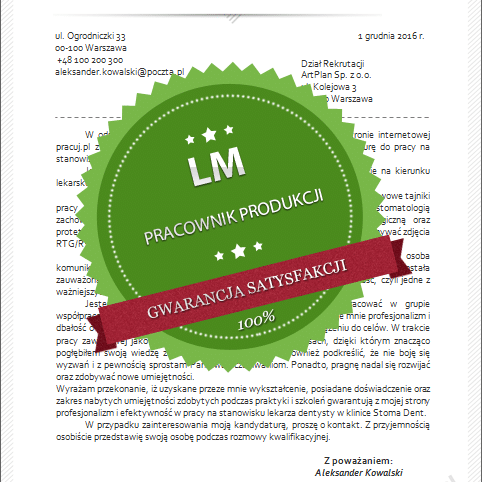 wzór listu motywacyjnego pracownik produkcji