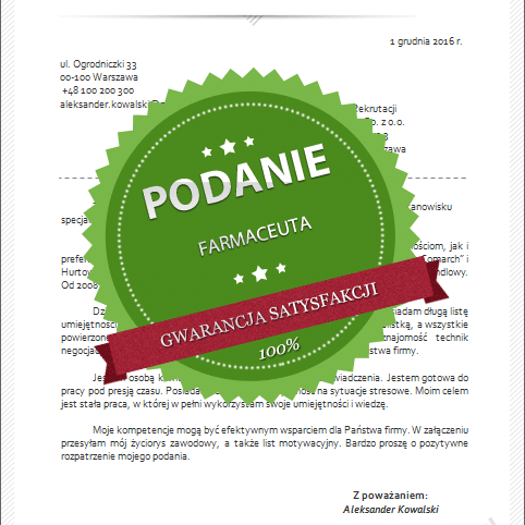 wzór podania o pracę farmaceuta