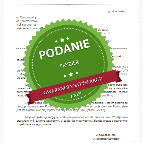 wzór podania o pracę fryzjer
