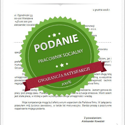 wzór podania o pracę pracownik socjalny