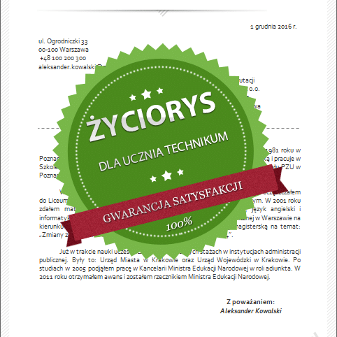 Wzór życiorysu dla ucznia technikum