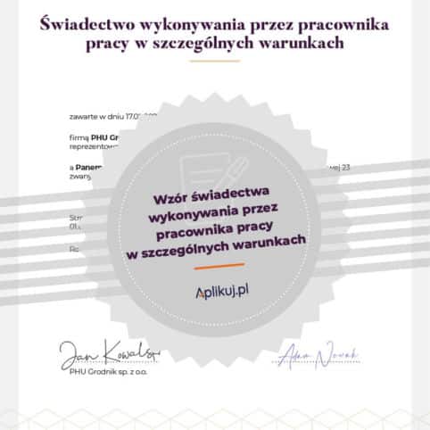 Grafika wzór świadectwa pracy w szczególnych warunkach