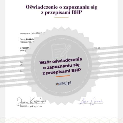 Wzór oświadczenia o zapoznaniu się z przepisami BHP