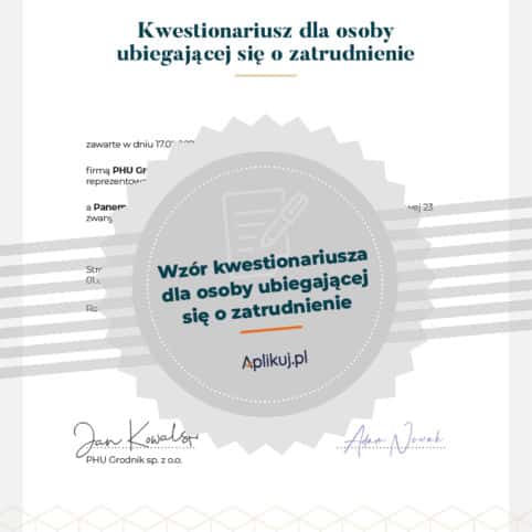 Wzór kwestionariusza dla osoby ubiegającej się o zatrudnienie