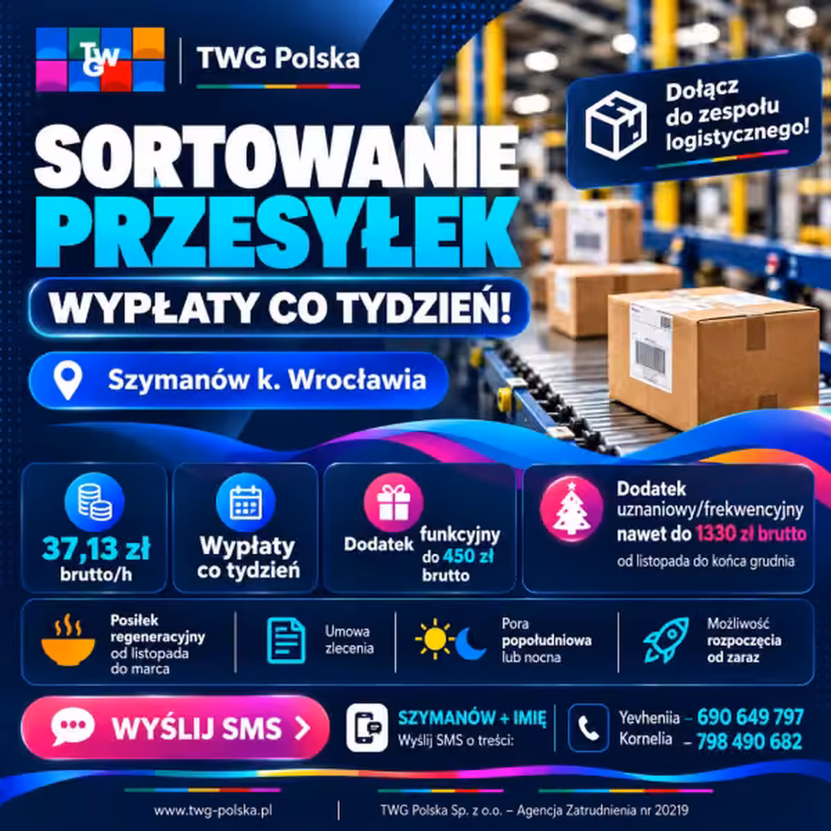 Sortowanie przesyłek – tygodniowe wypłaty | Szymanów k. Wrocławia | 37,13 zł brutto