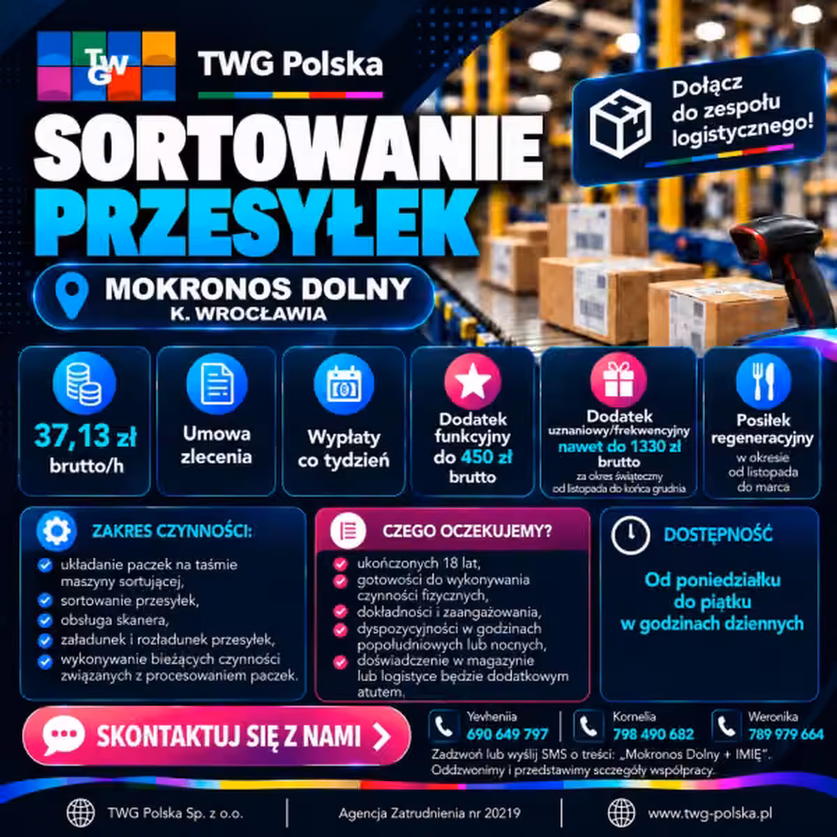 Procesowanie przesyłek - umowa zlecenia | Mokronos Dolny k. Wrocławia 37,13 zł brutto/h