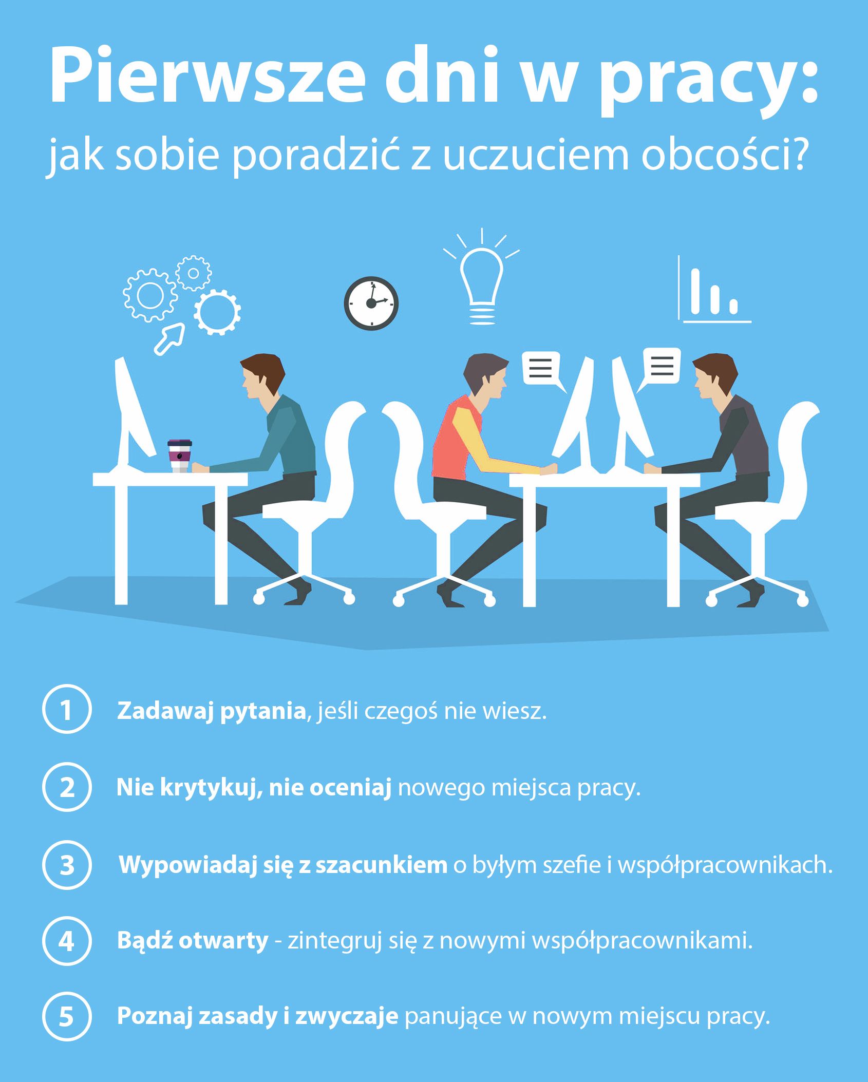 infografika wskazówki na pierwszy dzień w pracy